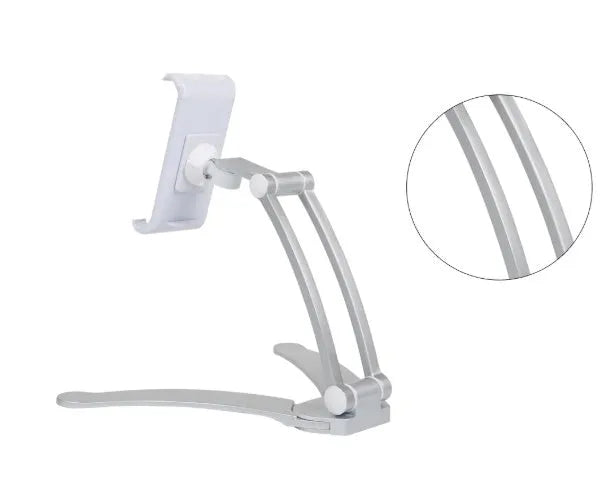 Aluminium alloy desktop tablet stand with adjustable clip holding a tablet at an angle