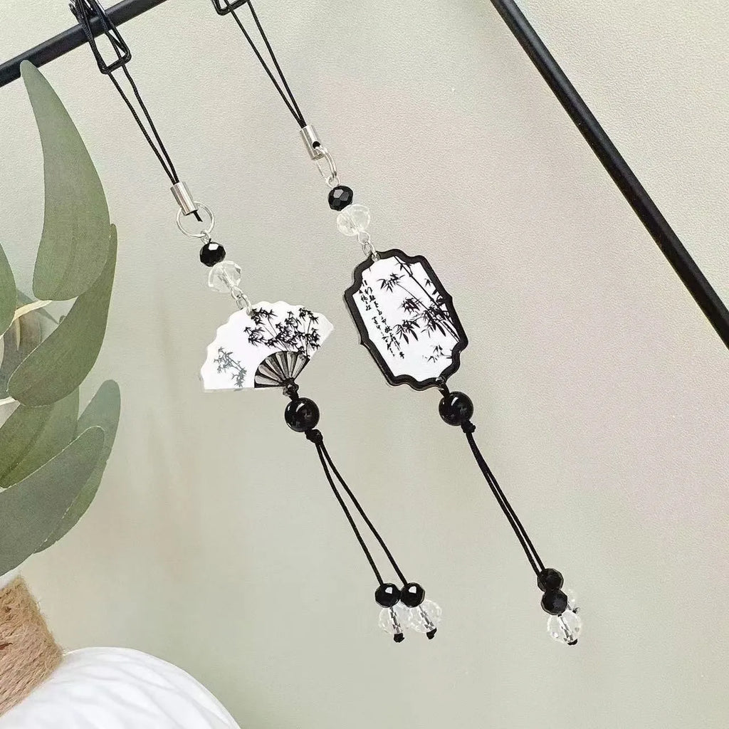 Chinese style pendant keychain with bead design in Fan or Poetry options for schoolbag decoration.