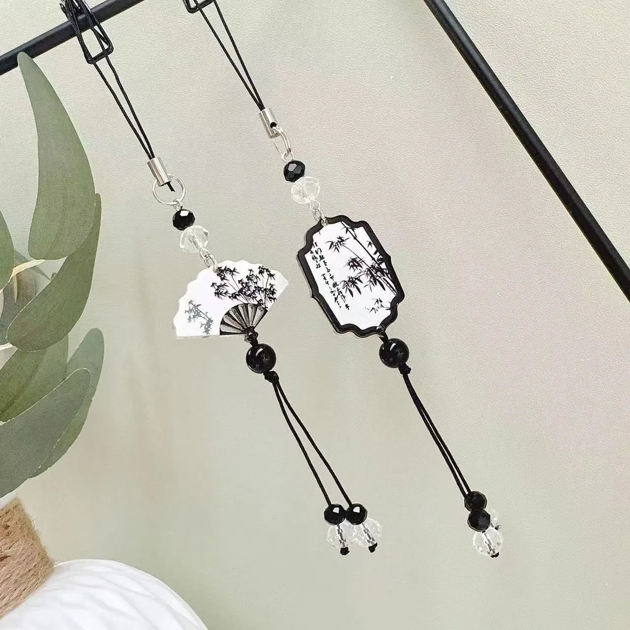 Chinese style pendant keychain with bead design in Fan or Poetry options for schoolbag decoration.