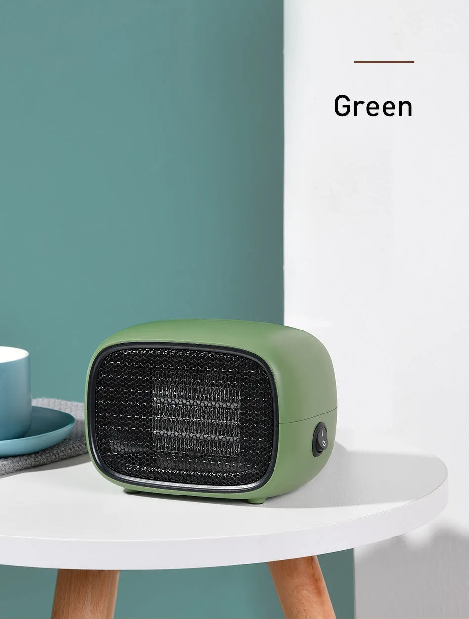 Mini ceramic heater in green, white, or yellow colours showing compact design with dimensions