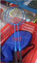 A pair of blue and red ultra-light alloy badminton rackets laid side by side.