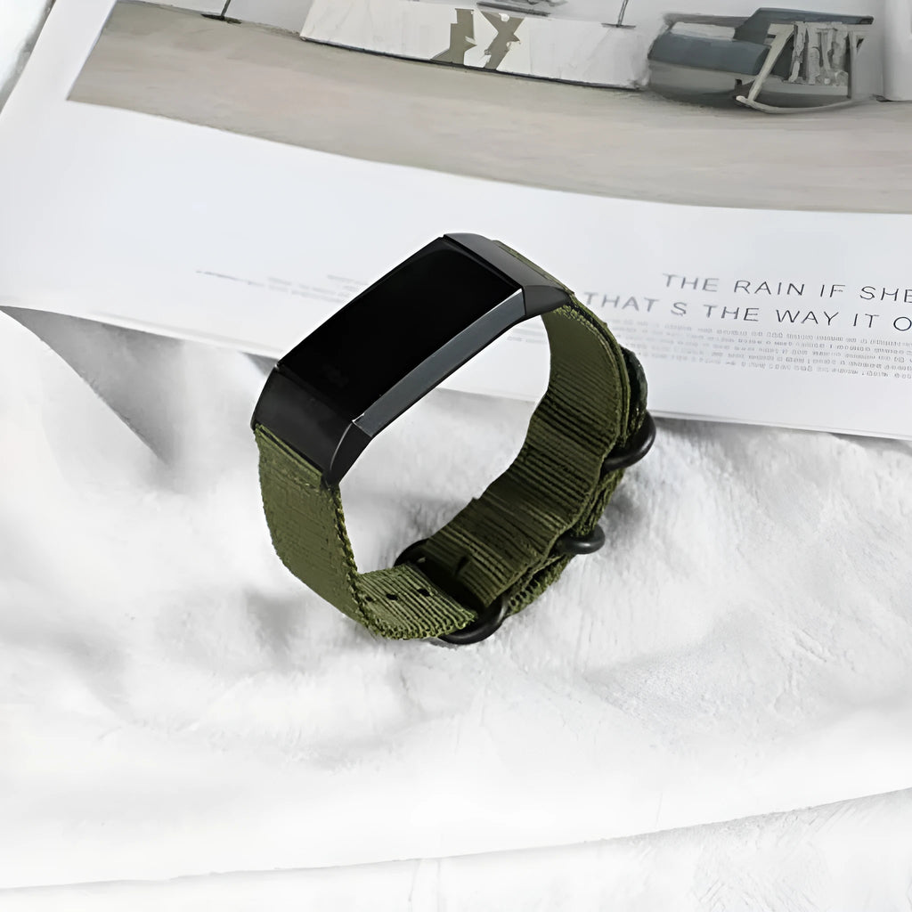 Nylon three-ring buckle replacement strap for Fitbit Charge fitness trackers in multiple colours.
