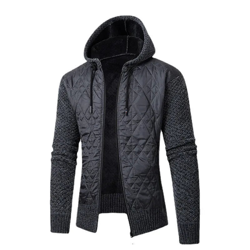 Men's grey corduroy hooded sweater coat with cinched waist and wool composition