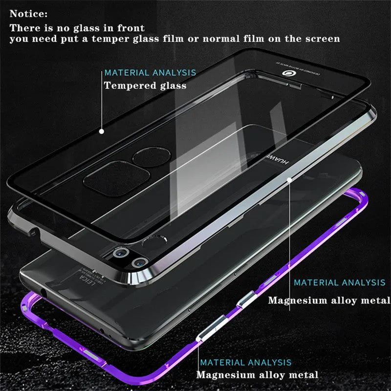 Black magnetic Huawei phone case with metal frame and clear tempered glass back