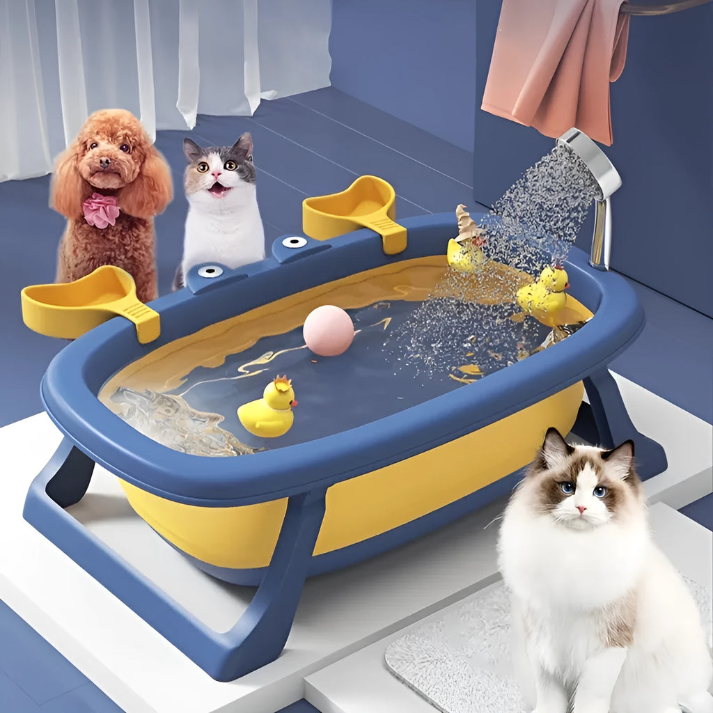 Blue foldable portable pet tub for small dogs and cats with non-slip base