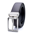 Men's brown and black genuine leather belt with rotating metal pin buckle showing length measurement