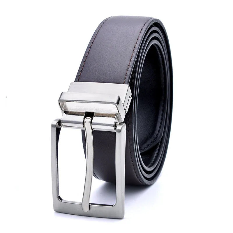 Men's brown and black genuine leather belt with rotating metal pin buckle showing length measurement