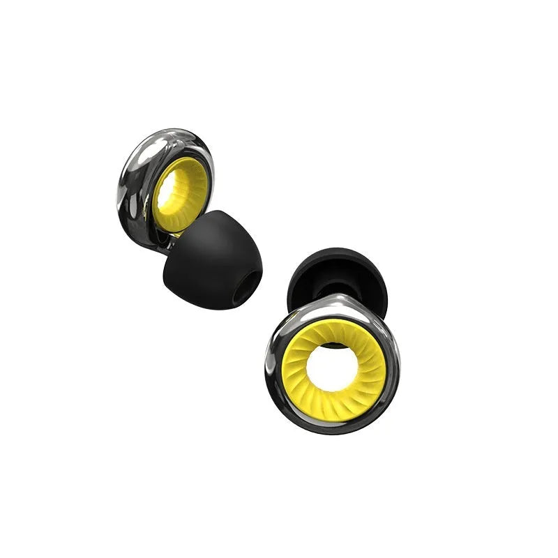 Noise reduction sleep earplugs in gold, silver, transparent, purple, and rose gold colours with storage box