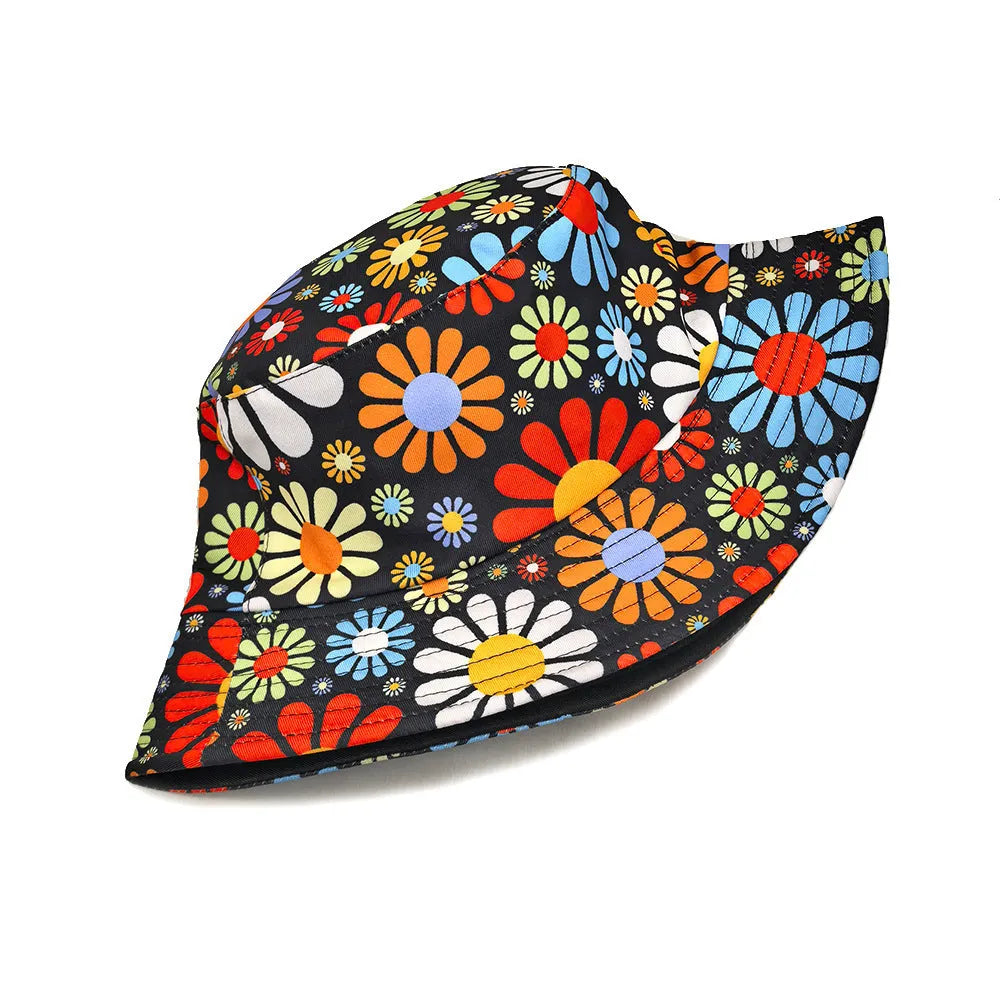 Colourful flower print bucket sun hat with dome crown in polyester fabric