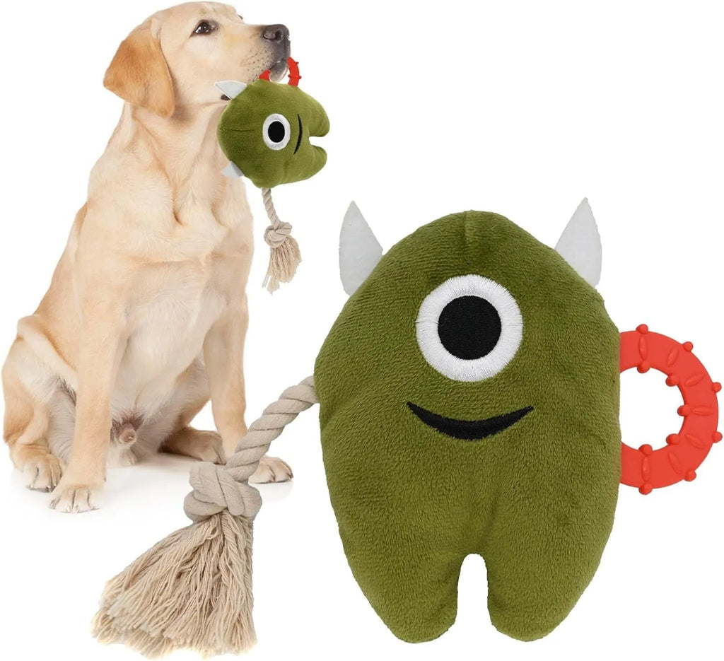 Blue and green plush dog chew toy with cotton rope tug handles and a squeaker inside.