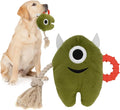 Blue and green plush dog chew toy with cotton rope tug handles and a squeaker inside.