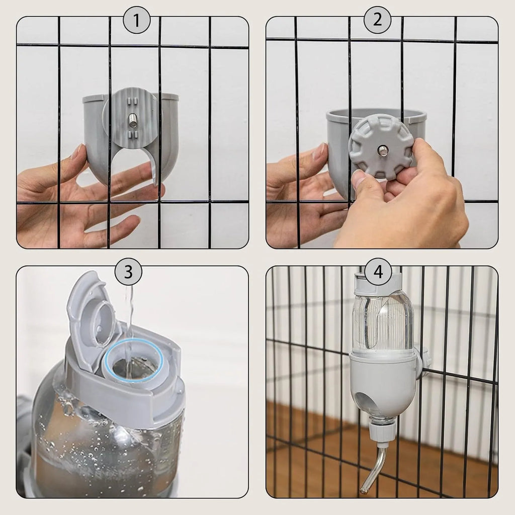 Blue small animal water bottle with rotatable nozzle attached to a cage, showing 500ml capacity.