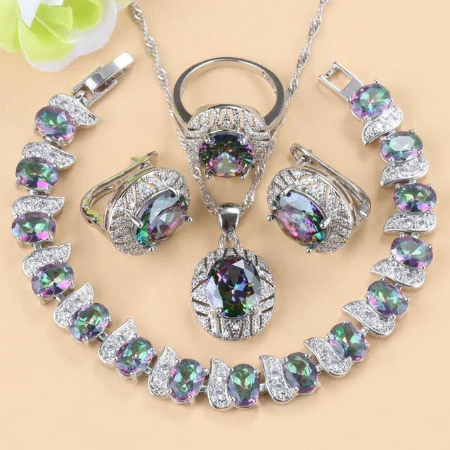 Four-piece mixed gem-inlaid copper jewellery set with necklace, earrings, ring, and bracelet in green TZ-05 colour for women