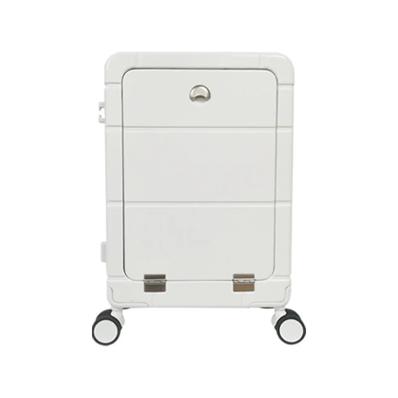 20-inch front-opening ABS PC suitcase in black showing cup holder and universal wheels.