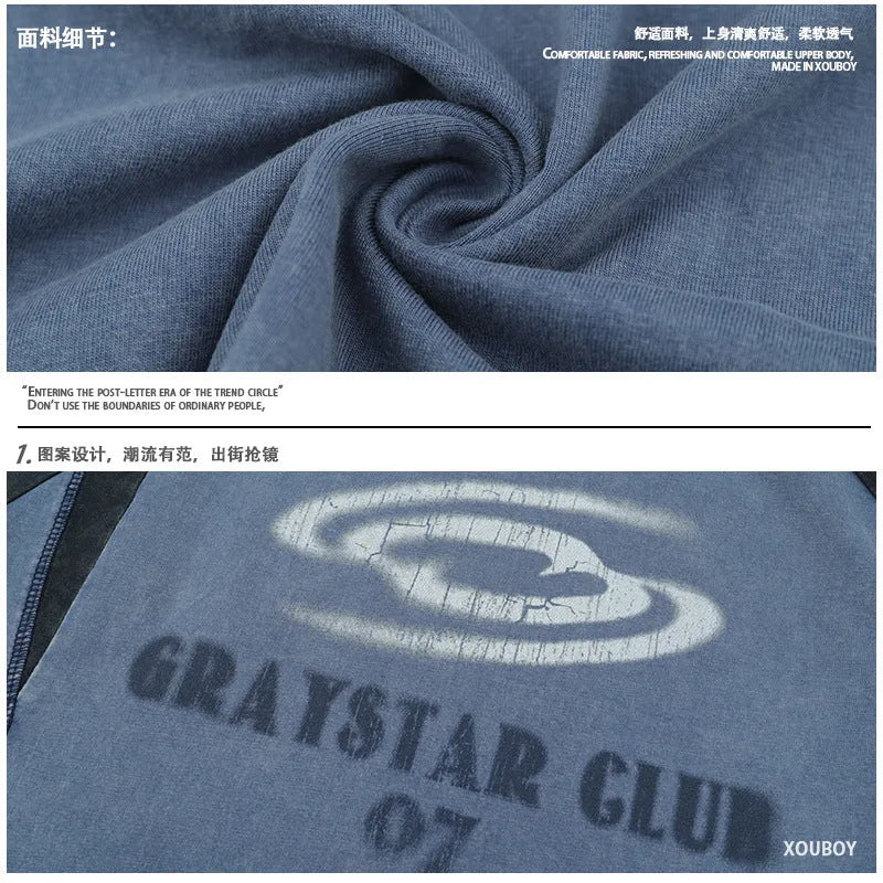 Men's blue cotton hip hop t-shirt with white letter print graphics and raglan sleeves