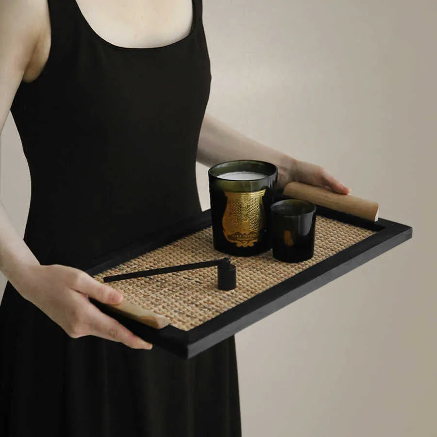Pine wood dining tray with compartments shown in large and small size options.