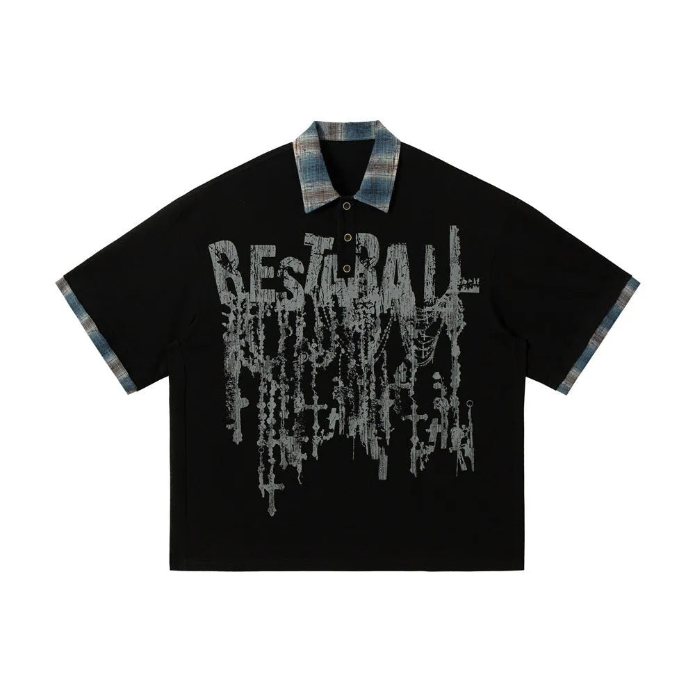 Men's loose fit blue cotton short-sleeved top with graffiti print and asymmetric lapel.