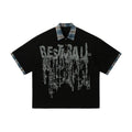 Men's loose fit blue cotton short-sleeved top with graffiti print and asymmetric lapel.