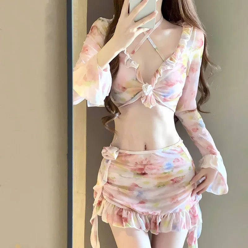 Women's floral bikini swimsuit in cherry blossom pink with Asian sizing