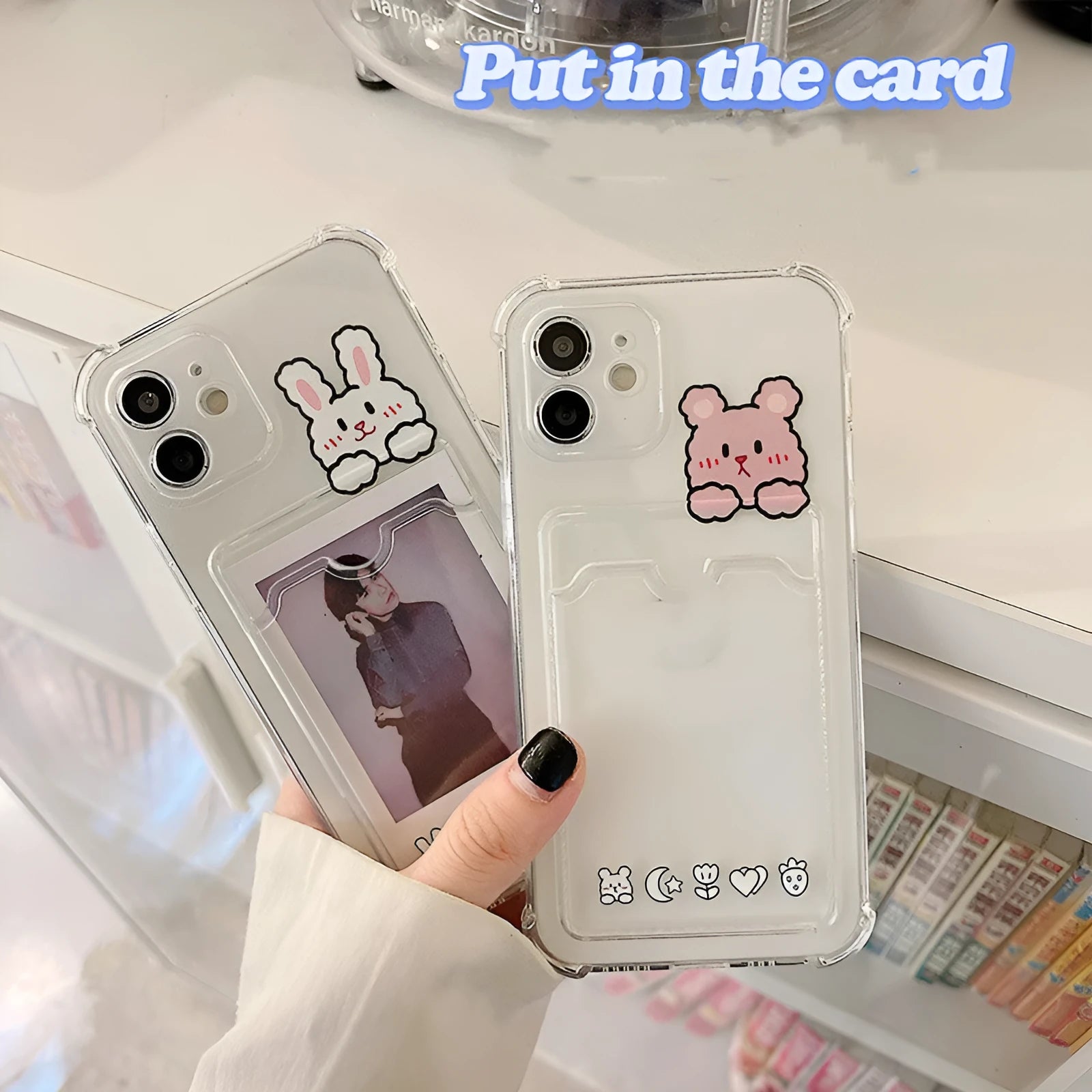 Clear cartoon design iPhone case with card slot on back for iPhone 13 and other models