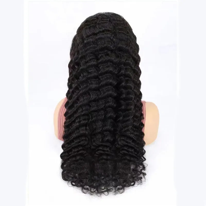 Human hair half lace front wig showing natural hairline and length options from 18 to 34 inches