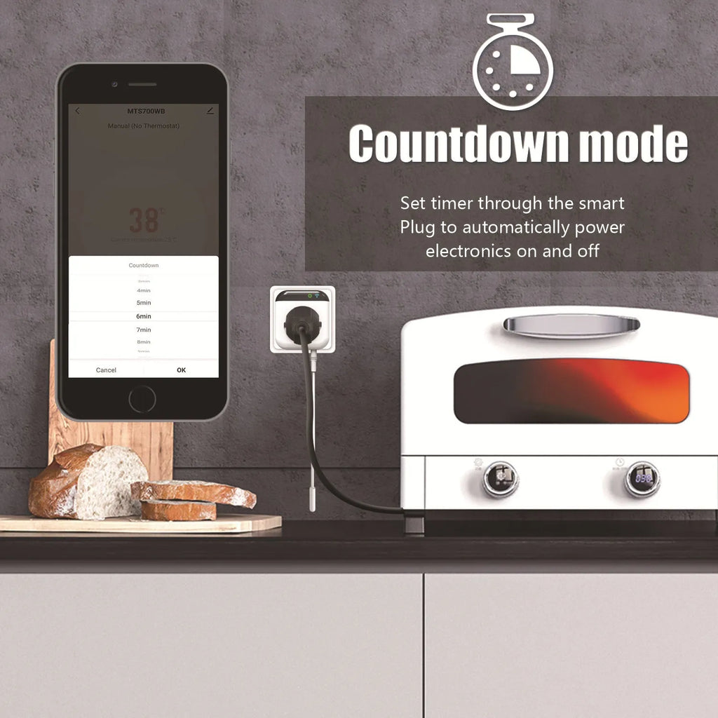 White Tuya smart WiFi temperature control switch socket with a separate temperature sensor probe.