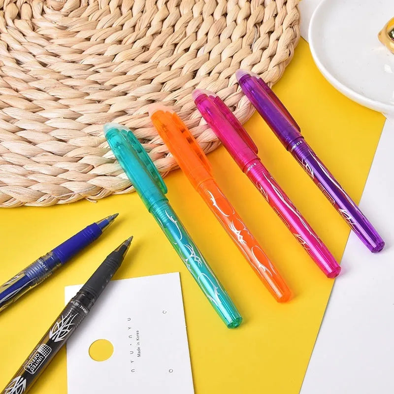 Heat-erasable gel pens with plastic shells and stainless steel nibs in multiple colours for office use