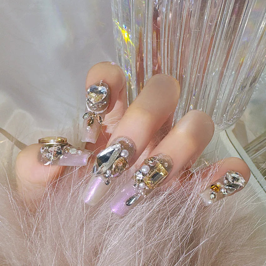 Luxury rhinestone false nail set with phototherapy sealing in card packaging