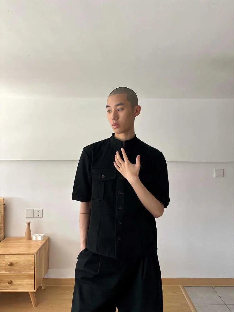 Black handmade Red Eye design half sleeve hunting shirt with loose fit and shirt collar