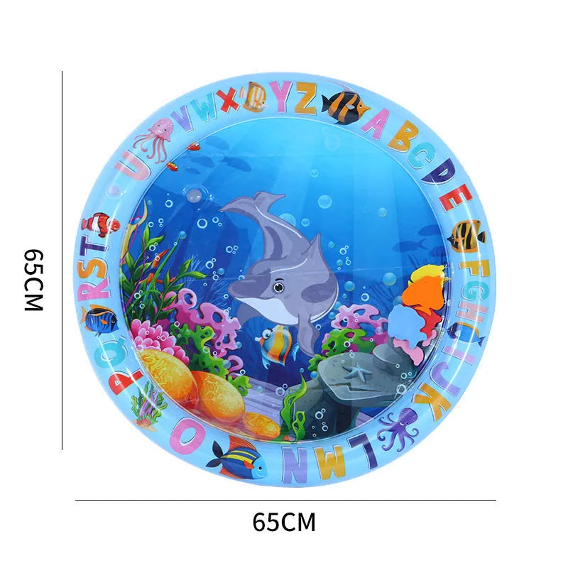 Large blue square water play mat for cats with floating fish toys inside, on a floor.