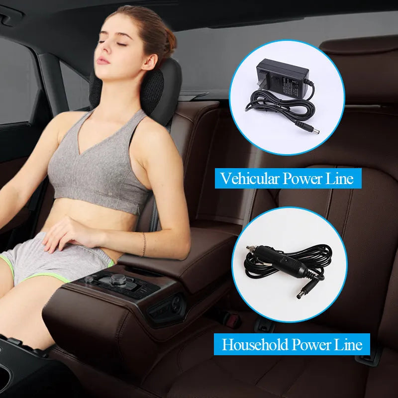 Black cervical vertebra massager cushion with 4 massage heads and infrared heat for car and home use