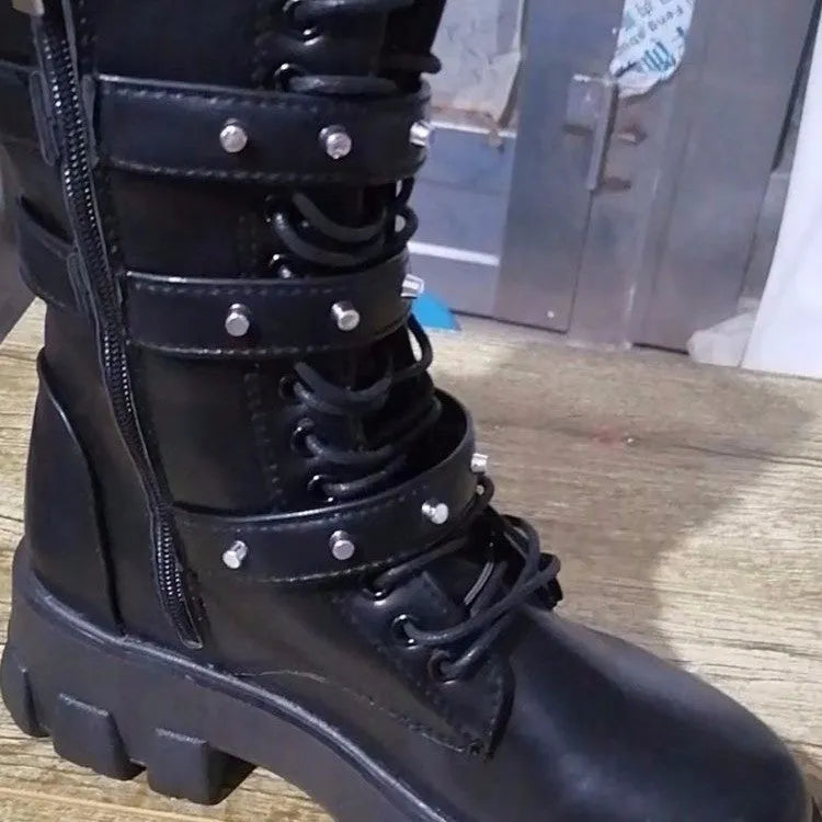 Women's black mid-calf boots with metal buckle decoration and side zipper, rounded toe design