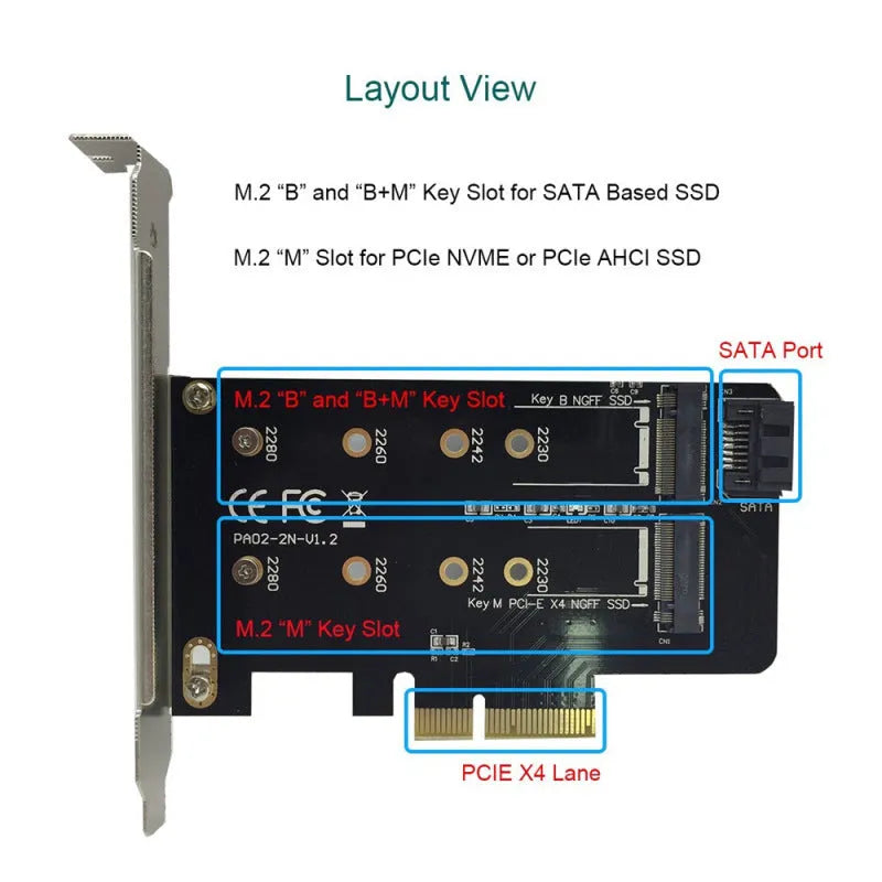 M.2 SSD adapter card expansion card with dual M.2 slots and PCIe X4 interface, black colour