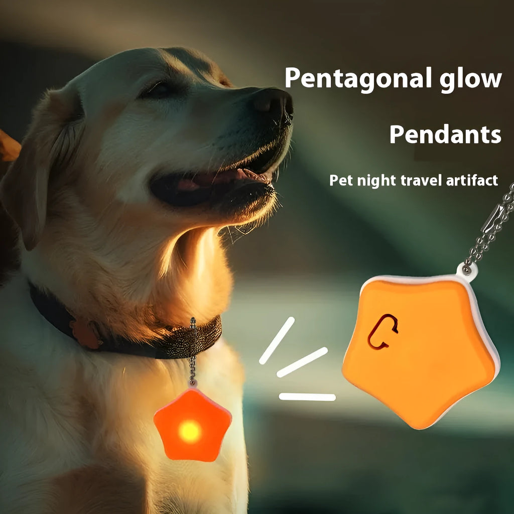 Blue and orange silicone rechargeable pendant light for pet collars, showing LED on.