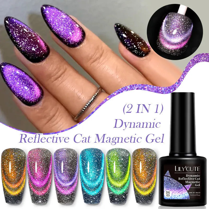Six bottles of cat eye series nail polish gel with diamond glitter fragments in different colour styles