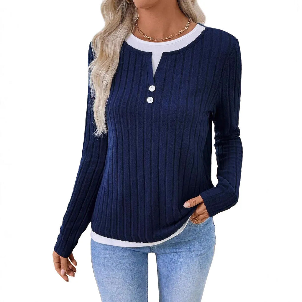 Women's concave stripe polyester pullover sweater in street fashion style with round neck