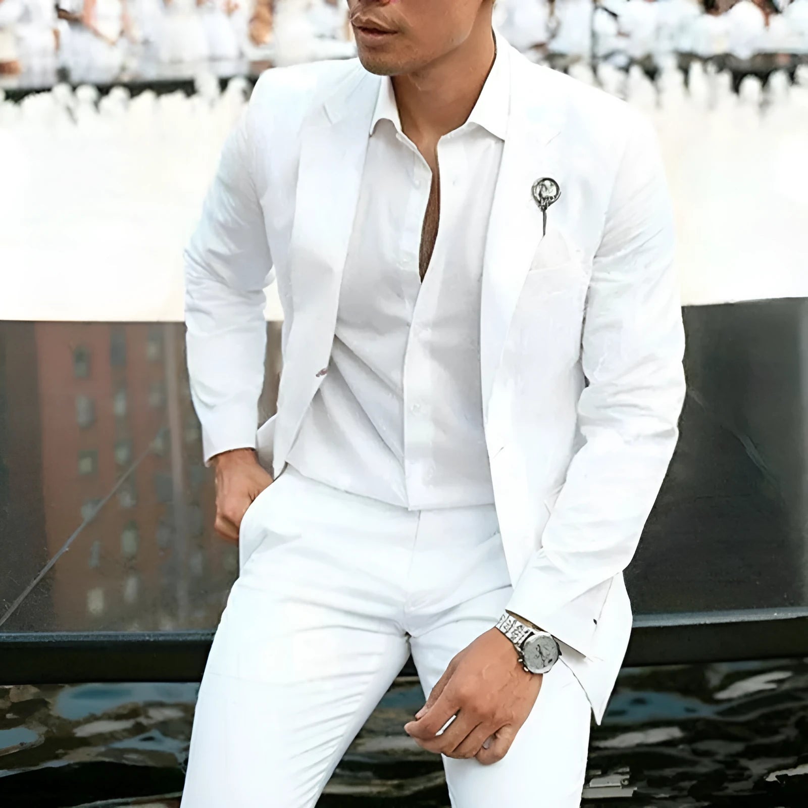 White men's slim fit two-piece wedding suit with acetate-cotton blend fabric