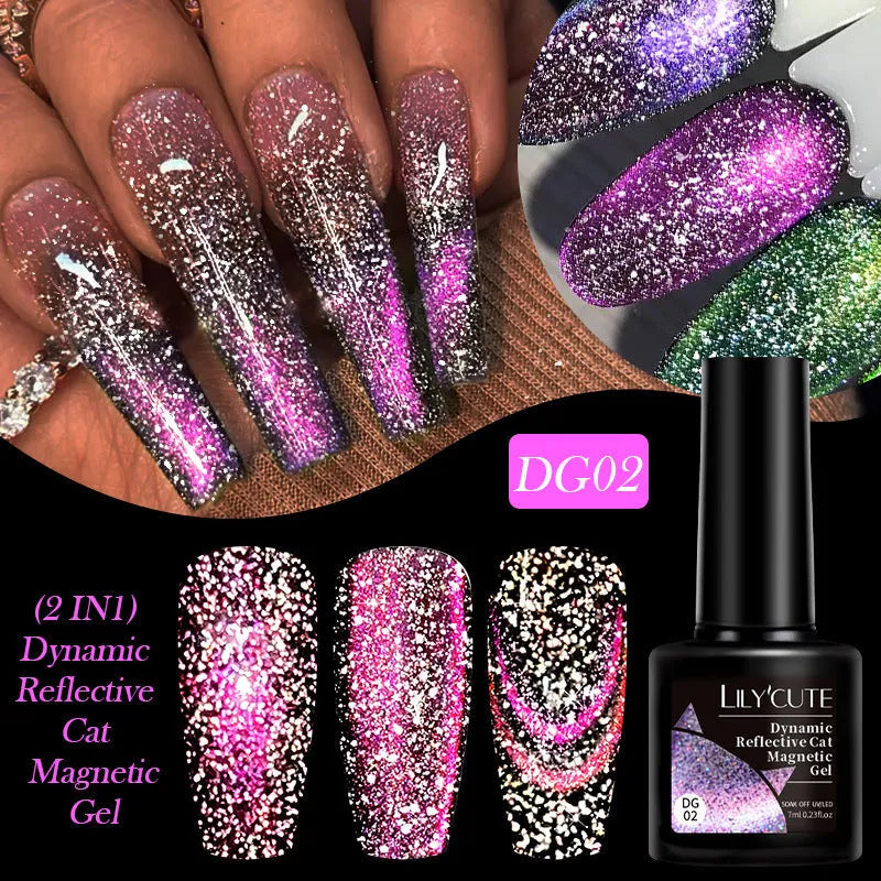 Six bottles of cat eye series nail polish gel with diamond glitter fragments in different colour styles