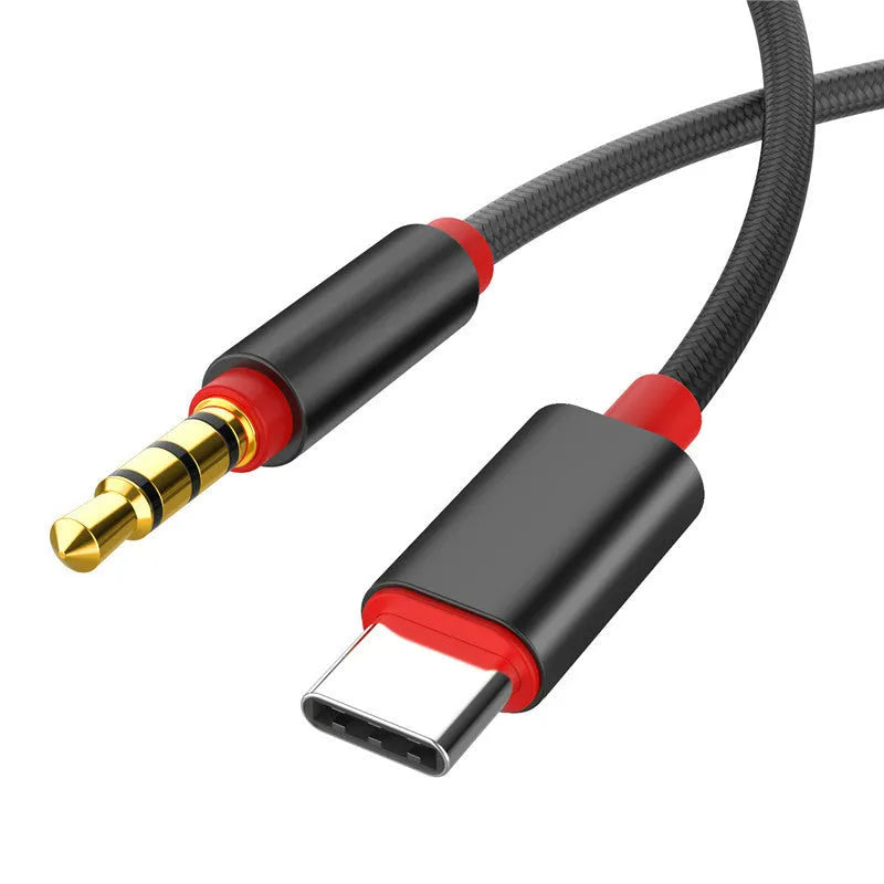Silver nylon-braided audio headphone cable showing length options of 0.5m, 1m, and 1.5m.