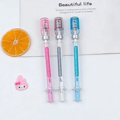 Vaccine design gel pen with black 0.5mm refill and plastic cap, measuring 15.7cm