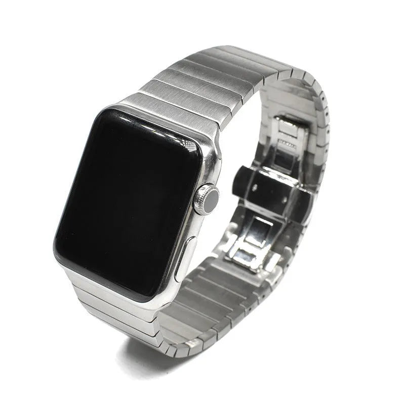 Stainless steel metal chain Apple Watch strap with butterfly buckle in silver, black, blue, gold, or rose gold.