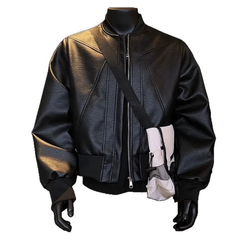 Men's black PU litchi grain leather jacket with extended 100cm length and tight fit