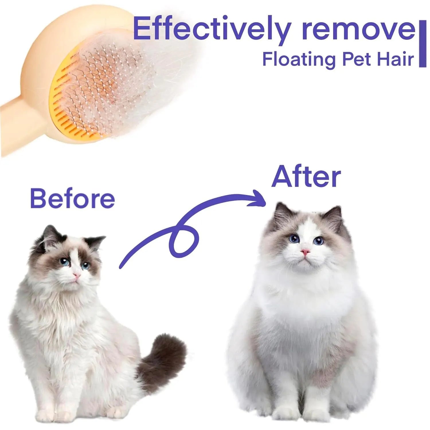 Blue self-cleaning pet grooming brush with angled stainless steel bristles and massage tips