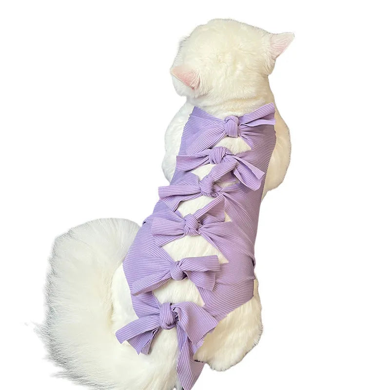 Lace-up cat sterilisation recovery clothing in purple, showing the adjustable fastening and full-body design.