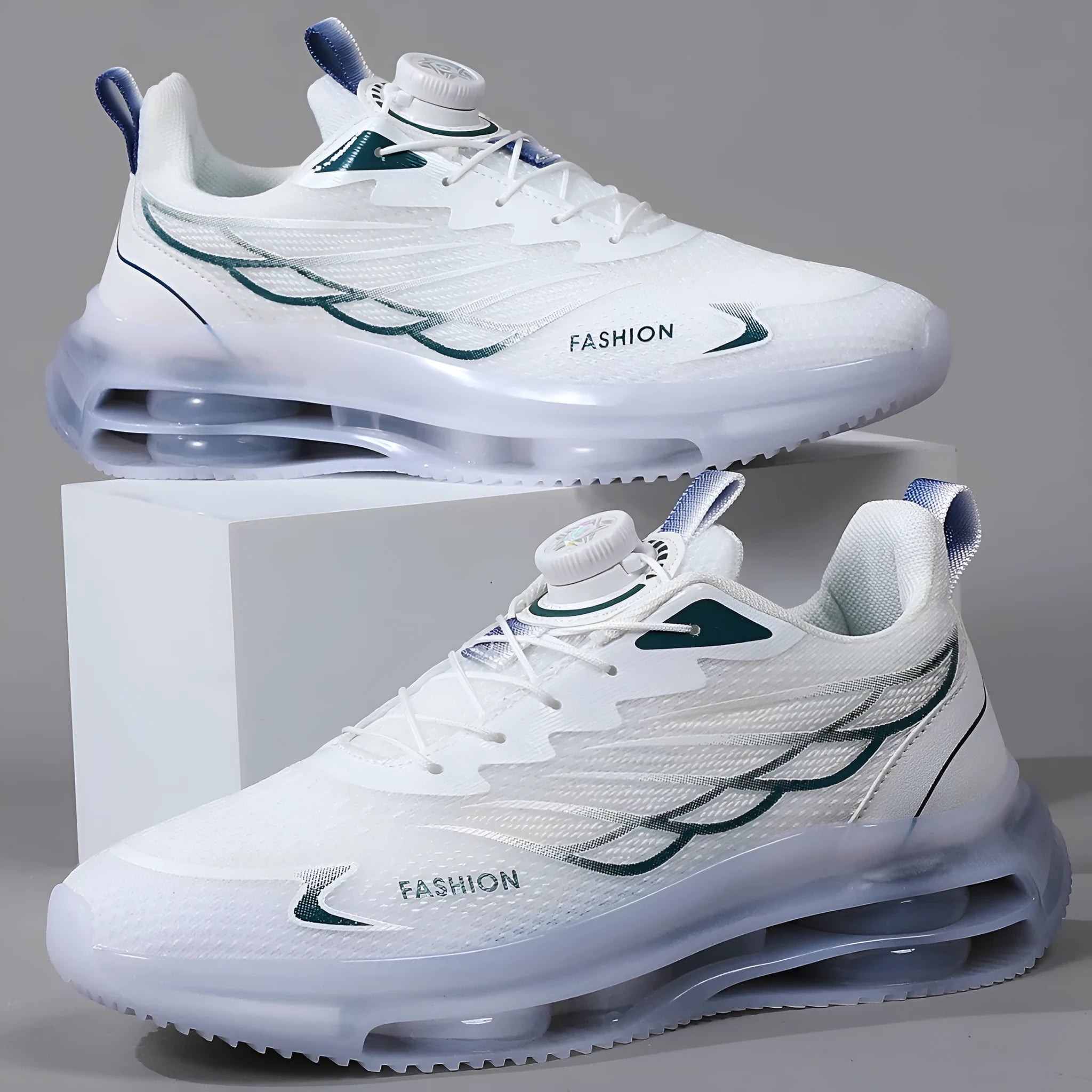Men's white low-top mesh casual running shoes with round toe and lace-up front, on a solid background.