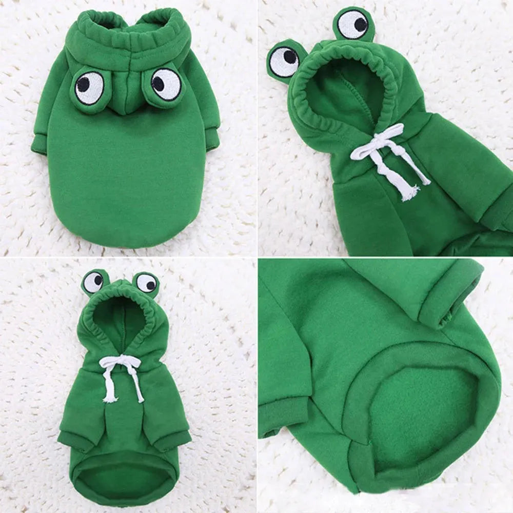 Green frog costume hoodie worn by a small dog, showing soft fabric and hood.