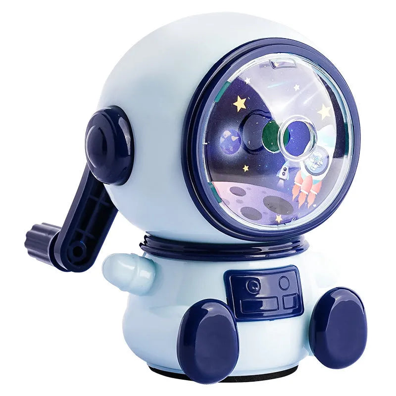Astronaut-themed manual pencil sharpener in blue or pink with adjustable three-level sharpening for 2mm pencils