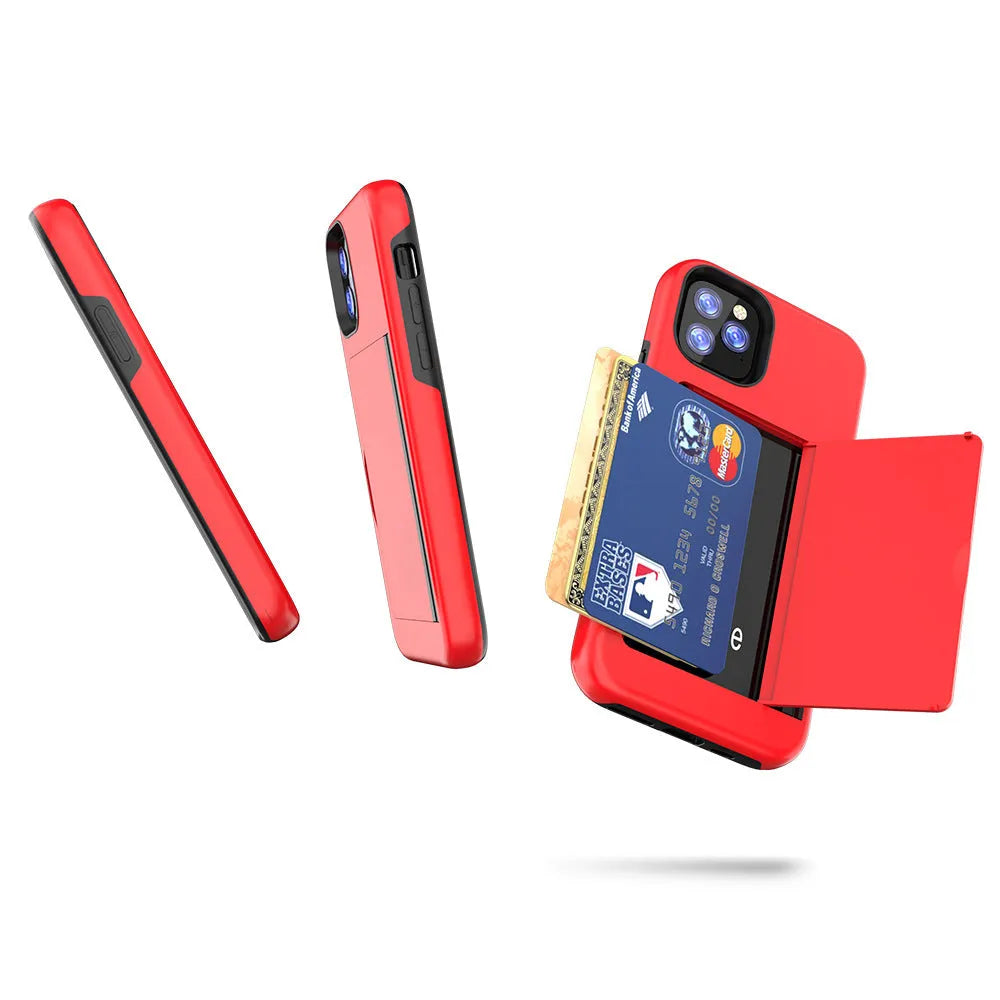 A solid-colour hard back cover case for the iPhone 11, shown in a choice of black, red, pink, blue, dark blue, and purple.