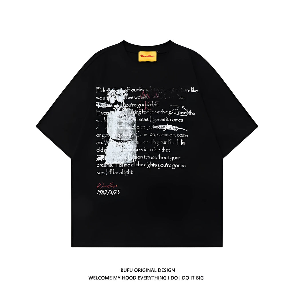 Men's black loose fit cotton t-shirt with white printed letter design and raglan sleeves