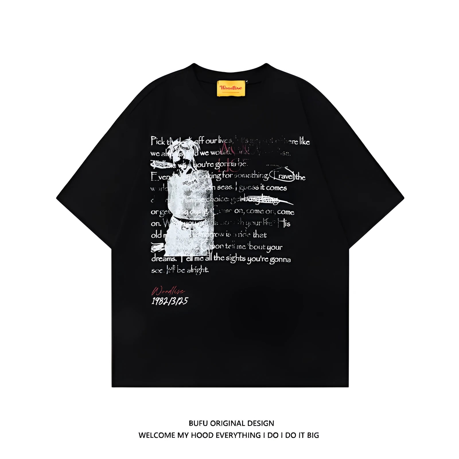 Men's black loose fit cotton t-shirt with white printed letter design and raglan sleeves